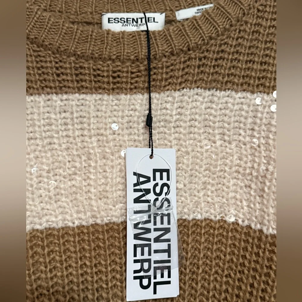 Brown and Cream Striped Sequin Knit Sweater - Picture 3 of 7